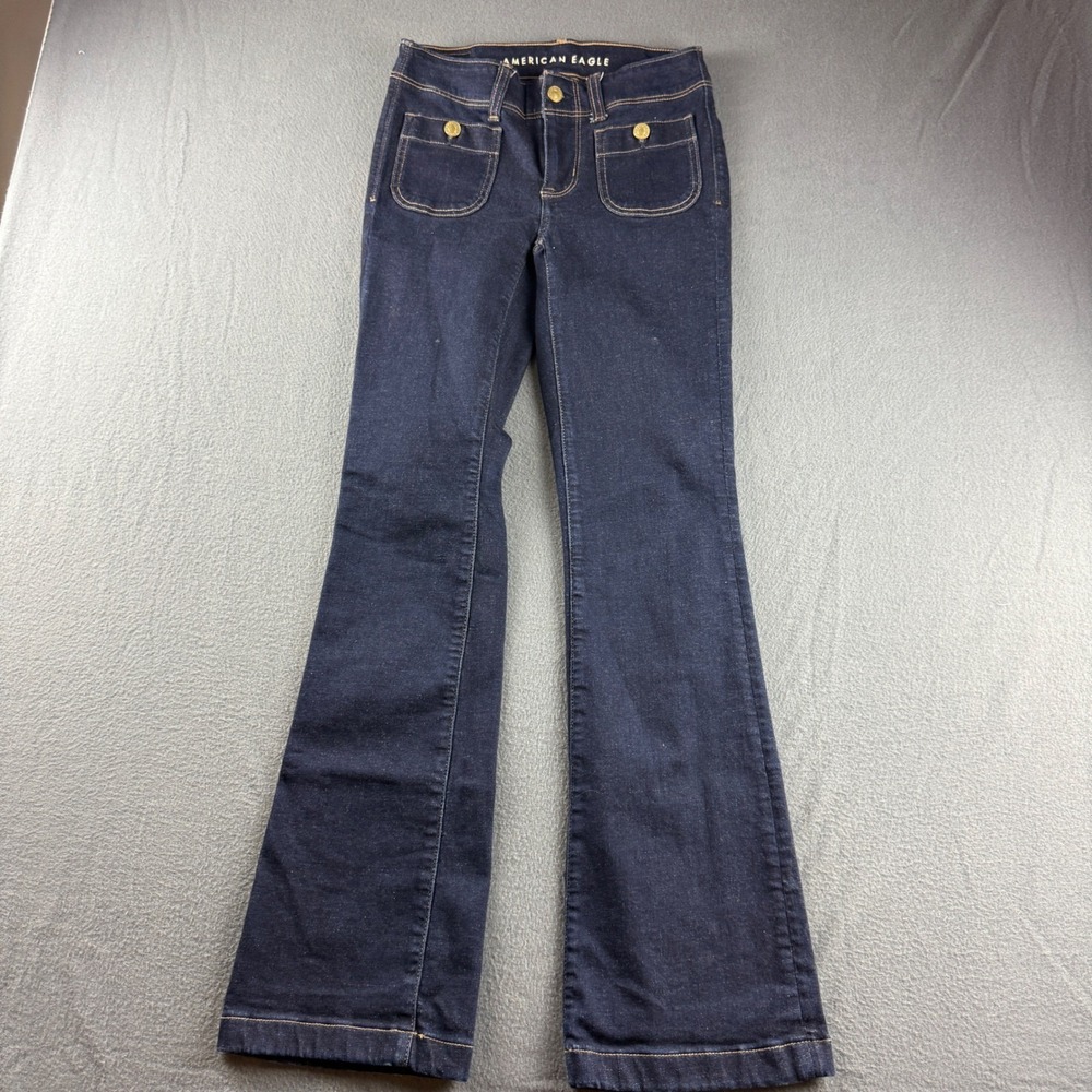 American Eagle Kick Boot Jeans Women's 0 Blue Cottagecore Stretch Cowgirl Dark